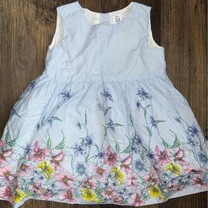 GAP Light Blue Striped Floral Easter Dress with Pink Yellow and Blue Blooms